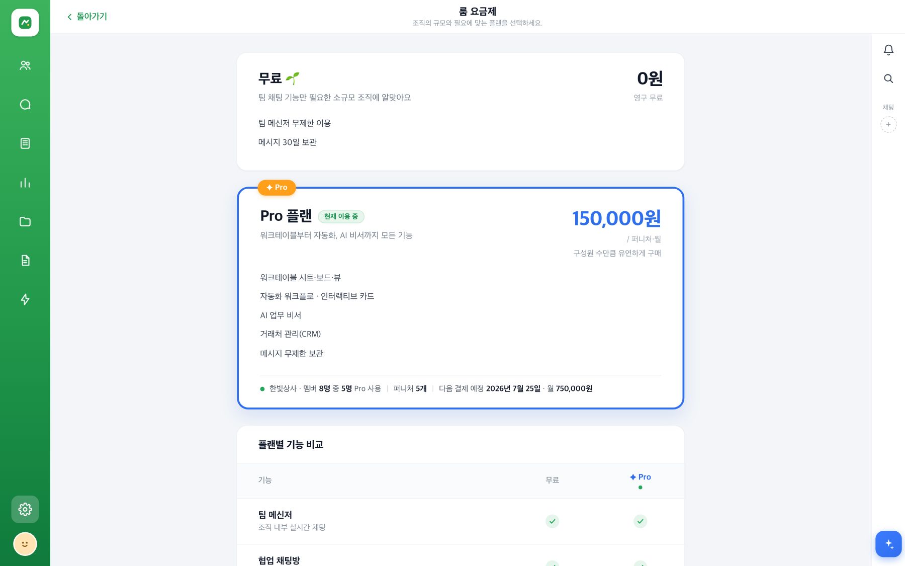 룸 요금제 화면 — 무료 플랜과 Pro 플랜 카드, 플랜별 기능 비교 표